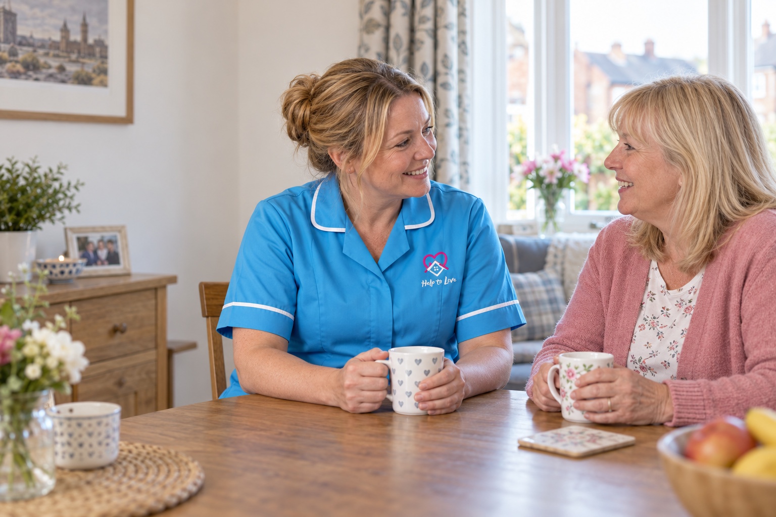 A carer and client enjoying an unhurried conversation at home