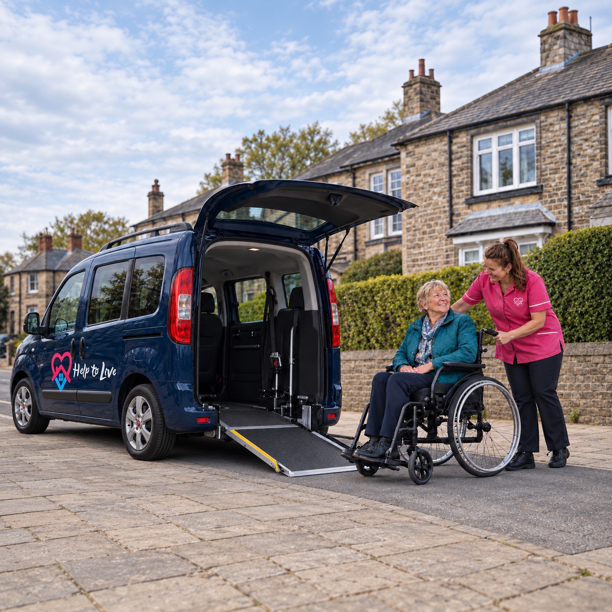 A Help to Live carer supporting a wheelchair user beside the navy Fiat Doblò, with its tailgate open and ramp lowered