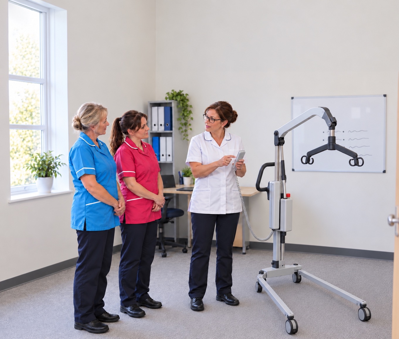 Illustrative office training session with a female trainer in a white tunic, two carers and a mobile hoist