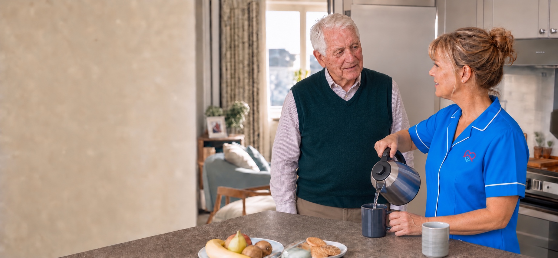 A carer preparing a drink for an older man standing to one side of the kitchen counter