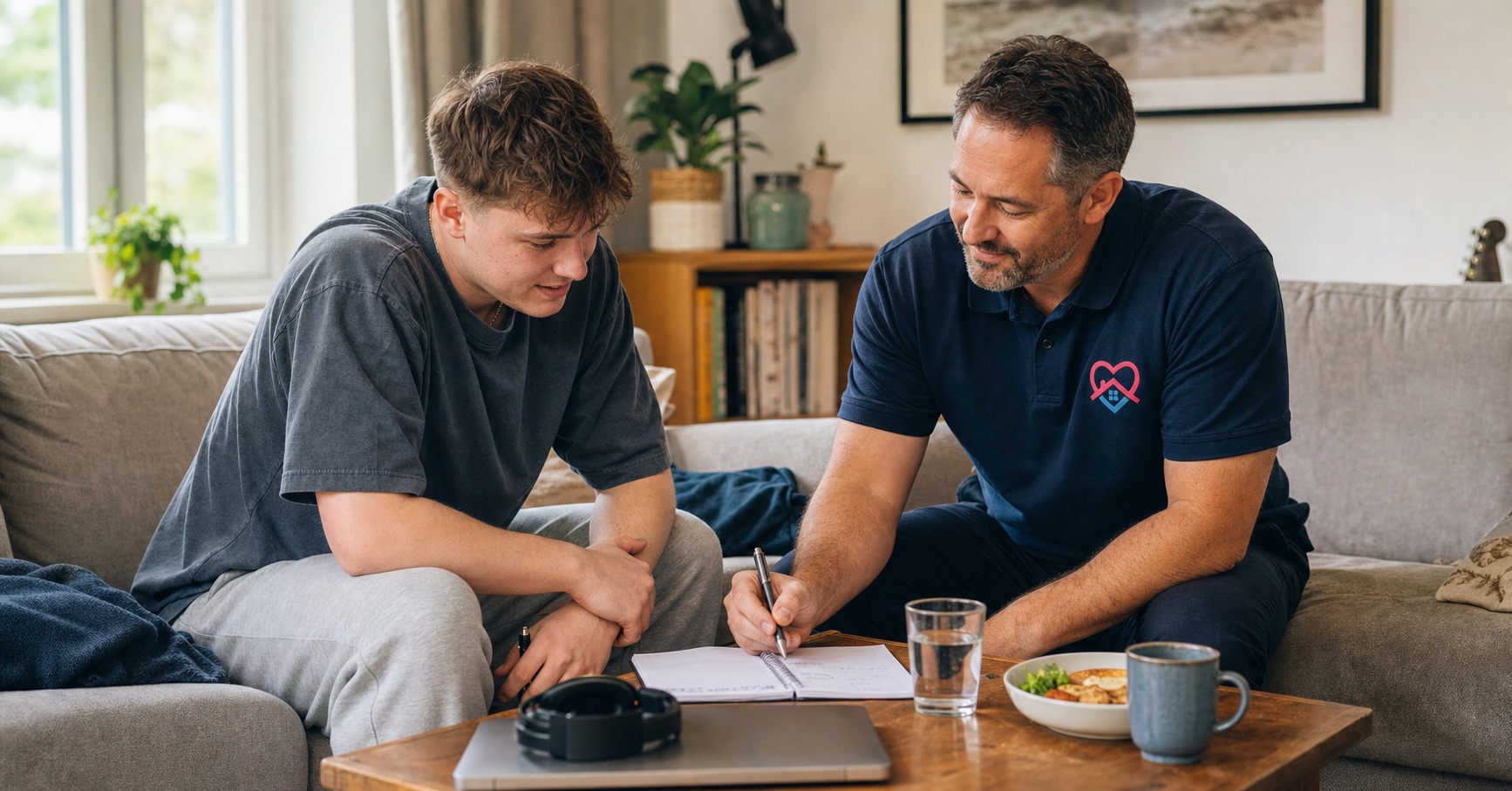 A young adult planning his day with a Help to Live male carer